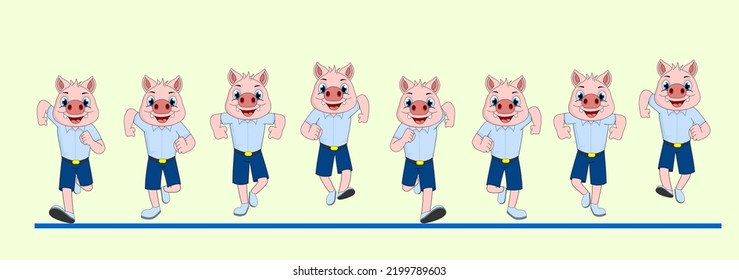 Cartoon Pig Frame by Frame Front Run Cycle, in school dress, Vector Illustration, Ready to use for 2D Animation, Infographics, Animated eLearning videos, Motion graphics, Animated Posters