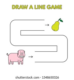 Cartoon pig game for small children - draw a line. Vector design for kids education