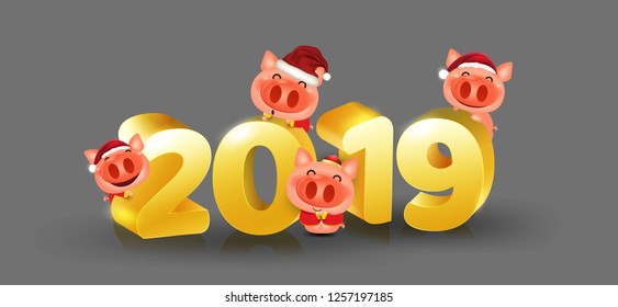 Cartoon pig Happy chinese new year 2019 isolated elements for artwork wealthy, Zodiac sign for greetings card, invitation, posters, brochure, banners, merry christmas and happy new year vector 