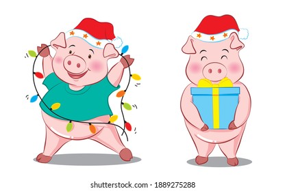 Cartoon pig happy christmas day
