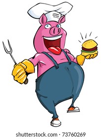 Cartoon pig having a BBQ. He has a prong and a hamburger