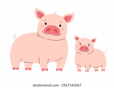 Cartoon pig and her baby. Flat vector illustration.