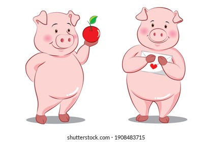 Cartoon pig holding apple smiling and having pig friends holding envelopes