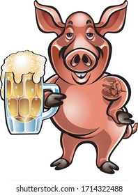 cartoon pig holding foaming beer in a mug