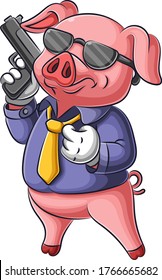 Cartoon Pig holding a gun in mafia clothes 
