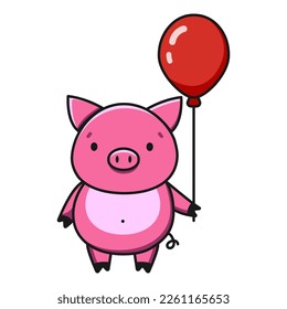 Cartoon pig holding a red balloon. Vector illustration