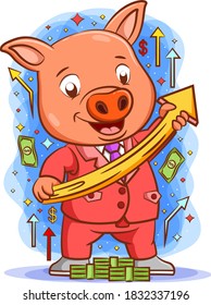The cartoon of the pig holding the upper graphic with the happy face
