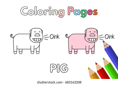 Cartoon pig illustration. Vector coloring book pages for children
