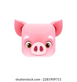 Cartoon pig kawaii square animal face, cute little piglet isolated vector farm character portrait with eyes, snout and pink skin. Baby pork zoo app button, icon, graphic design element, avatar