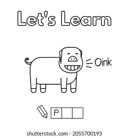 Cartoon pig learning game for small children - color and write the word. Vector coloring book pages for kids
