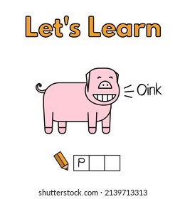 Cartoon pig learning game for small children - write the word. Vector illustration for kids