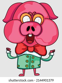 cartoon pig with long shirt and red bow tie