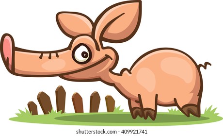 cartoon pig with a long snout standing on the grass, vector, isolated on white