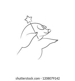 Cartoon pig with magic wand, isolated vector outline illustration