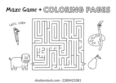 Juego de labranza de cerdo de caricatura. Páginas de libros de coloración de vectores para niños