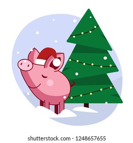The cartoon pig on the background of the Christmas tree. Christmas mood.