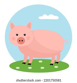 Cartoon pig on the background of nature. Flat style. Vector illustration 