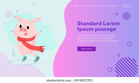 Cartoon pig on skating rink. Vector illustration of piggy in red scarf on skating rink. Christmas, holiday, festival concept. Can be used for website design or landing page