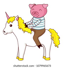 Cartoon pig on unicorn