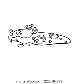 cartoon pig with piglets in mud and vector illustration coloring book