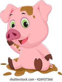 Cartoon pig play in mud 