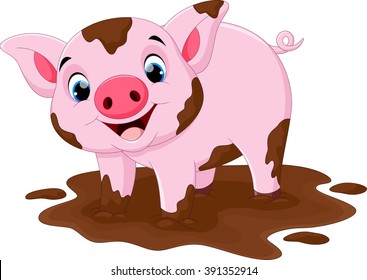 Cartoon pig play in a mud puddle