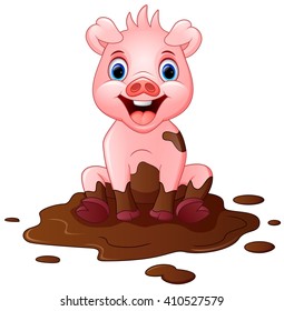 Cartoon pig play in a mud puddle