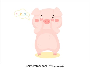 Cartoon pig playing hide and seek. Pig closed her eyes and counts. Fatigue. Vector illustration of a pink cute pig.