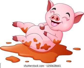 Cartoon pig playing a mud puddle