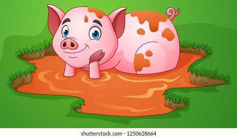 Cartoon pig playing a mud puddle in the farm