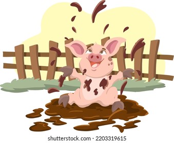 Cartoon Pig Playing A Mud Puddle In The Farm