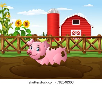 Cartoon pig playing a mud puddle in the farm

