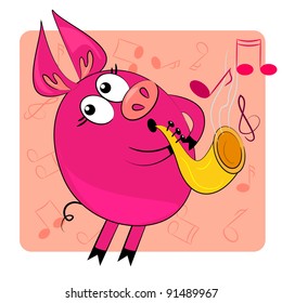 cartoon pig playing musical instrument vector illustration. cute animal character