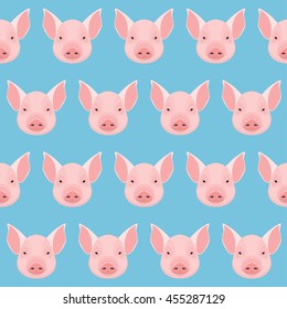 Cartoon pig portrait isolated on blue seamless pattern background. Farm domestic animal collection.