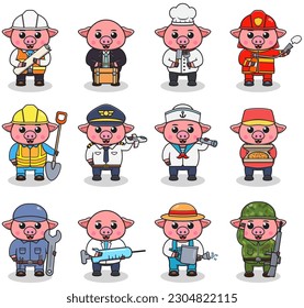 Cartoon Pig in professional uniform. Vector set of Pig different professions. Vector characters with jobs different occupation. Different jobs professionals. Isolated vector icons set