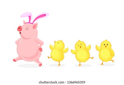Cartoon pig with rabbit ear walking with little chicks.  Cute Happy Easter day, cartoon character design. Vector illustration isolated on white background.