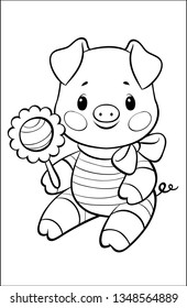 Cartoon pig with rattle. Coloring for kids. We train a hand to the letter.