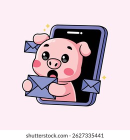 Cartoon Pig Recebendo Mensagem de Email no Telefone
