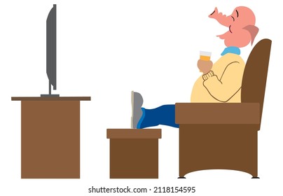 A cartoon pig is relaxing with a drink in his easy chair while watching television