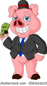 Cartoon pig rich holding a money