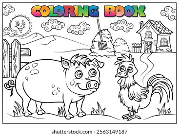 Cartoon pig and rooster are standing on a farm in a coloring book page for children.