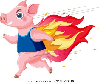 Cartoon pig running with fire illustration