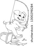 Cartoon pig set. Funny pig icons and action, cute animal poses vector isolated symbol illustration, text. Caught myself on the bait. Contour pattern