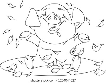 Cartoon pig set. Funny pig icons and action, cute animal poses vector isolated symbol illustration. Autumn mood
