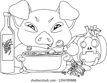 Cartoon pig set. Funny pig icons and action, cute animal poses vector isolated symbol illustration. Contour pattern, coloring outline. Halloween pumpkin, cooking pig