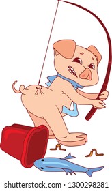 Cartoon pig set. Funny pig icons and action, cute animal poses vector isolated symbol illustration, text. Caught myself on the bait