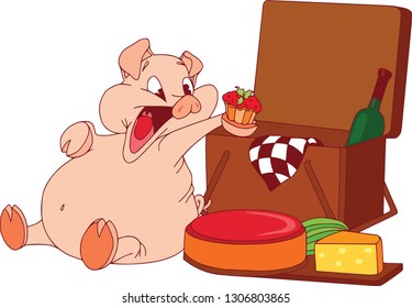 Cartoon pig set. Funny pig icons and action, cute animal poses vector isolated symbol illustration. Funny glutton on summer picnic