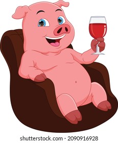 cartoon pig sitting and holding a drink