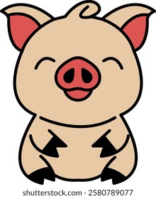 A cartoon pig is sitting on a white background with a smile on its face. The pig is cute and happy, and it seems to be enjoying its time