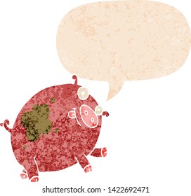 cerdo de dibujos animados con burbuja de habla en un estilo retro angustiado con textura grunge
